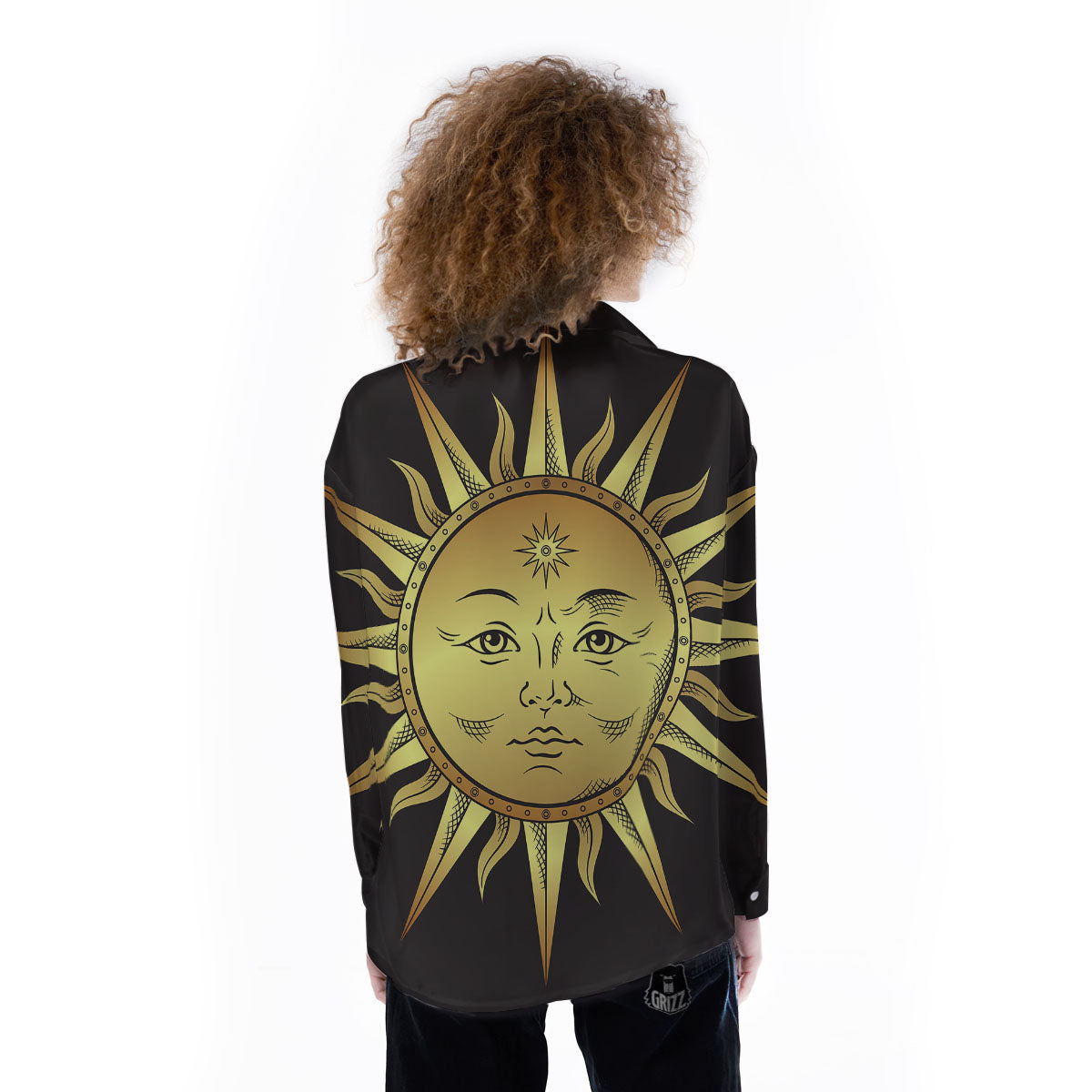 Celestial Sun Gold And Black Print Women's Long Sleeve Shirts-grizzshop