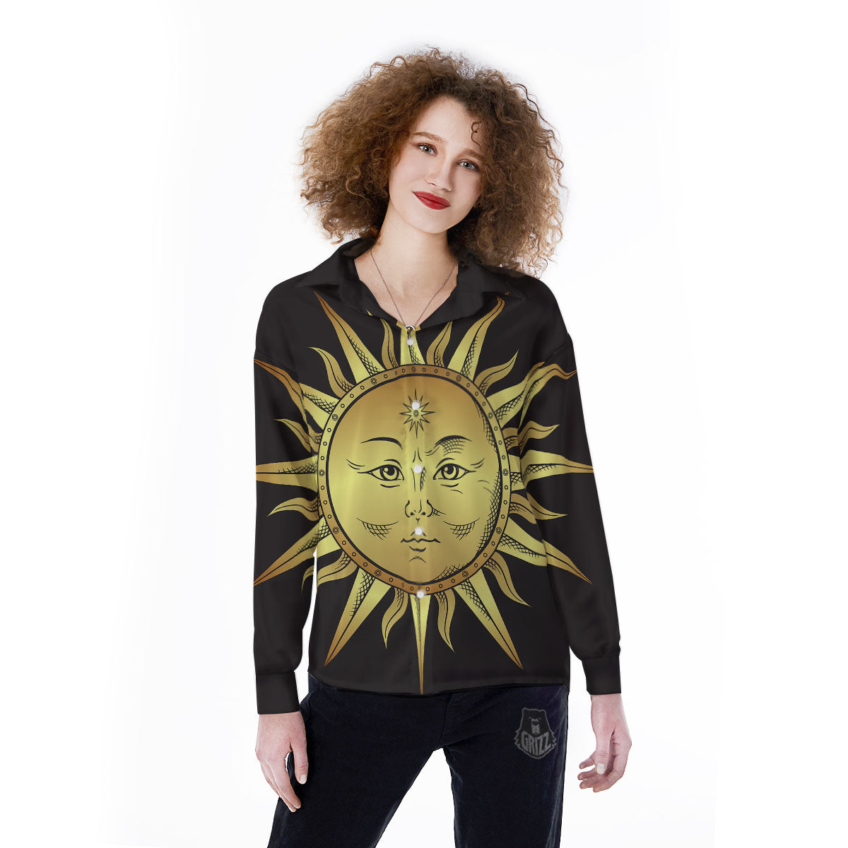 Celestial Sun Gold And Black Print Women's Long Sleeve Shirts-grizzshop