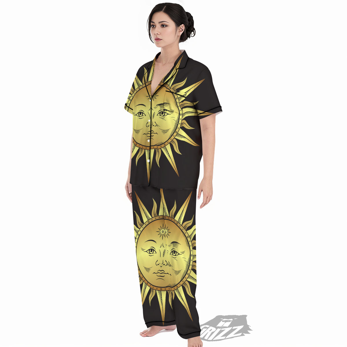 Celestial Sun Gold And Black Print Women's Pajamas Set-grizzshop