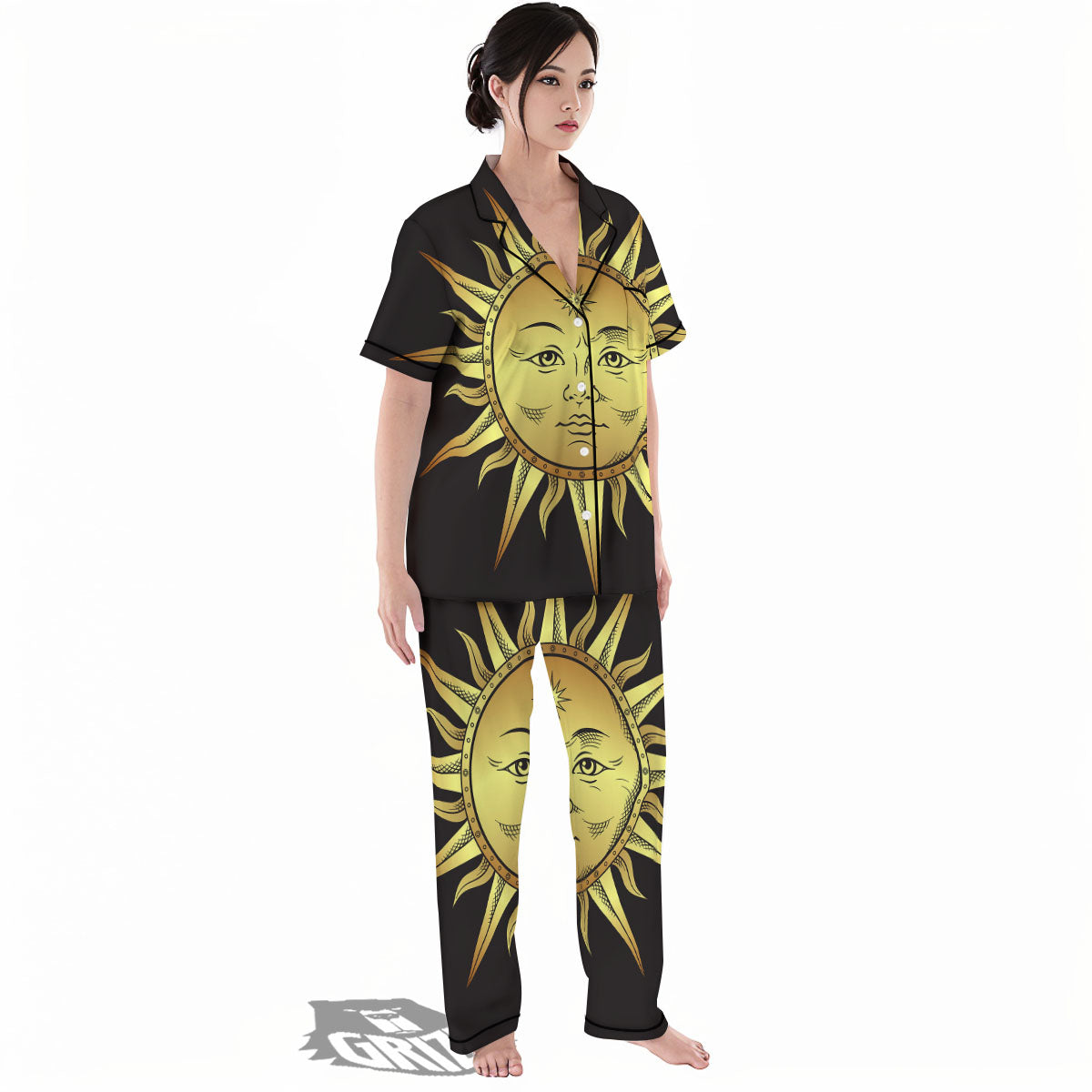 Celestial Sun Gold And Black Print Women's Pajamas Set-grizzshop