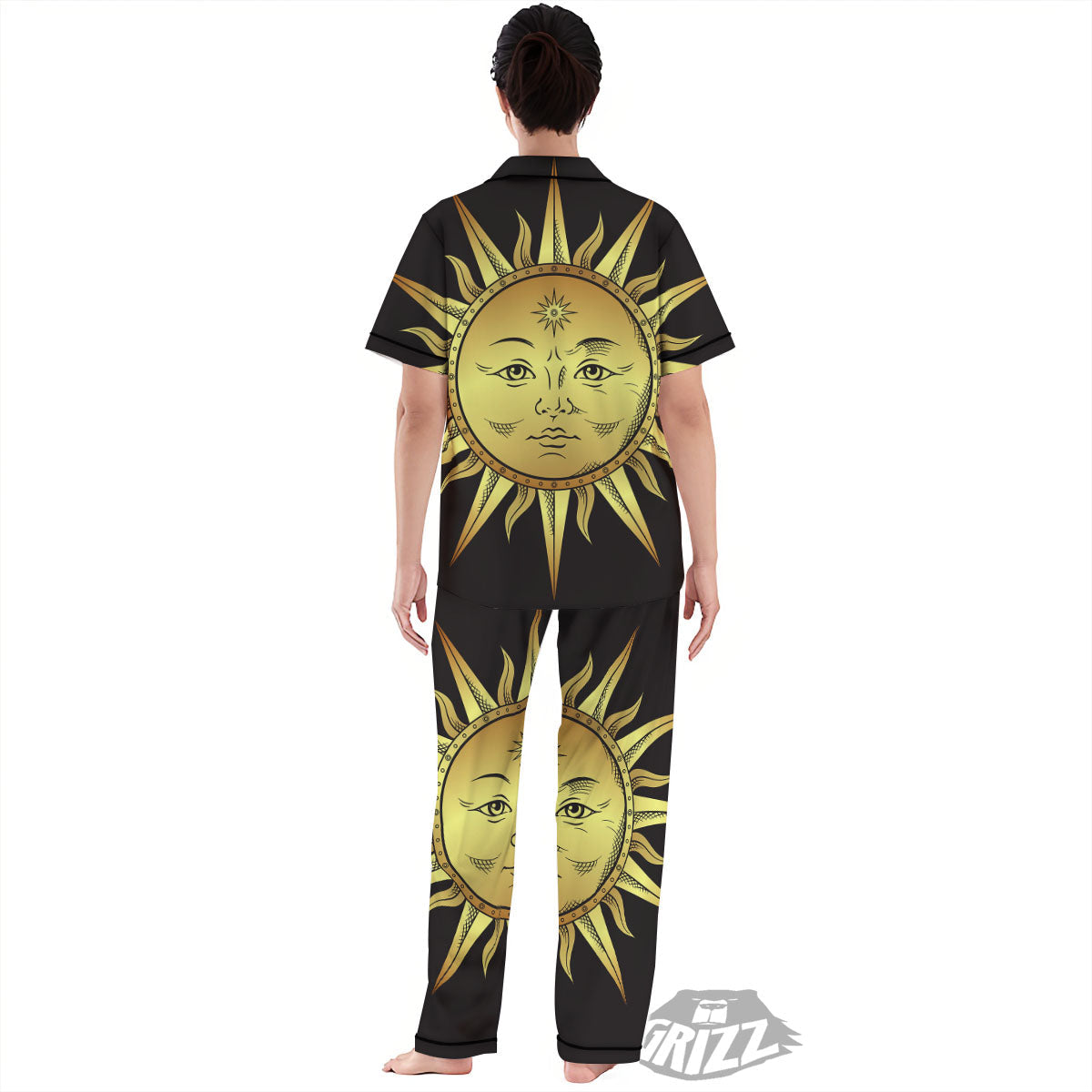 Celestial Sun Gold And Black Print Women's Pajamas Set-grizzshop