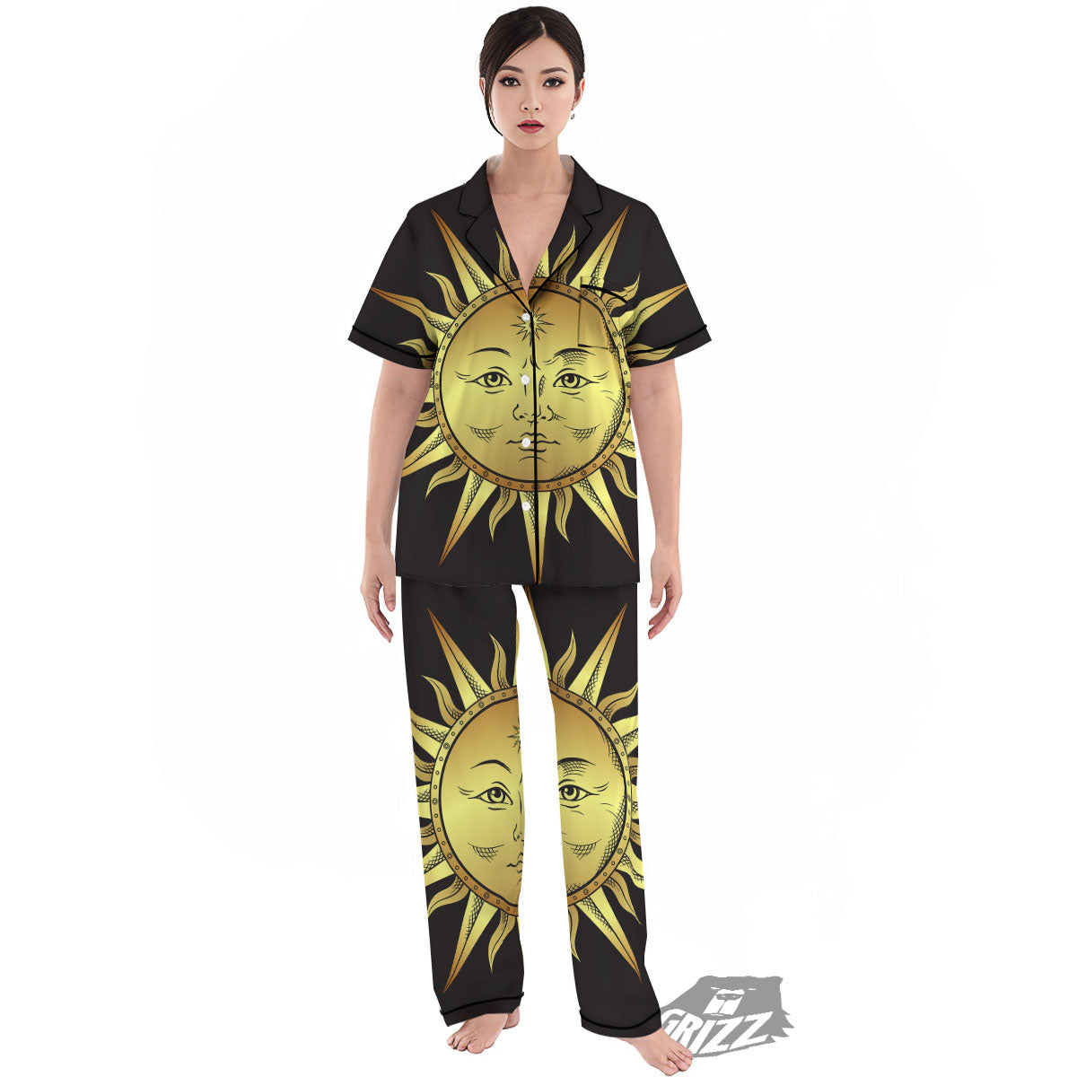 Celestial Sun Gold And Black Print Women's Pajamas Set-grizzshop