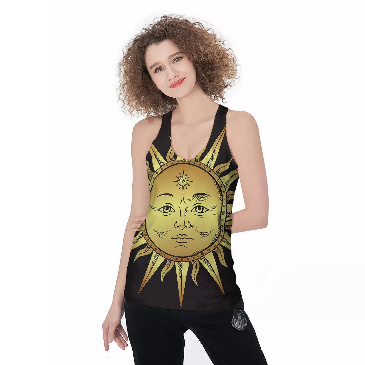 Celestial Sun Gold And Black Print Women's Racerback Tank Top-grizzshop