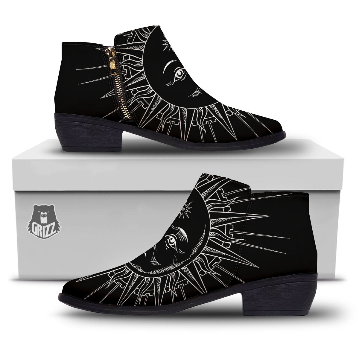 Celestial Sun White And Black Print Ankle Boots-grizzshop