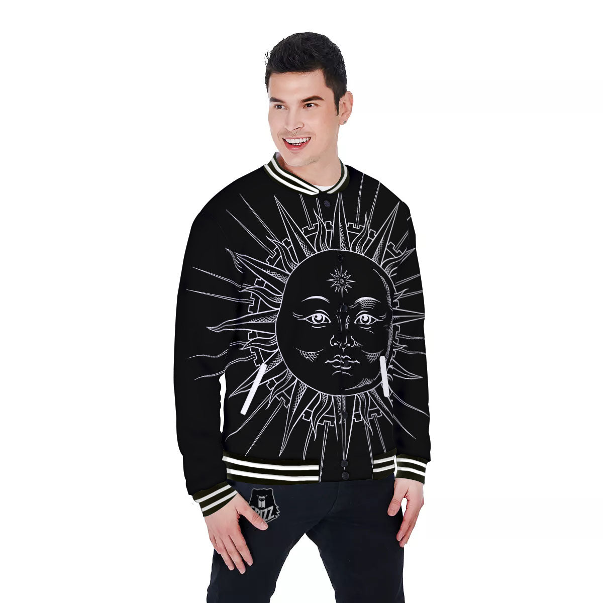 Celestial Sun White And Black Print Baseball Jacket-grizzshop