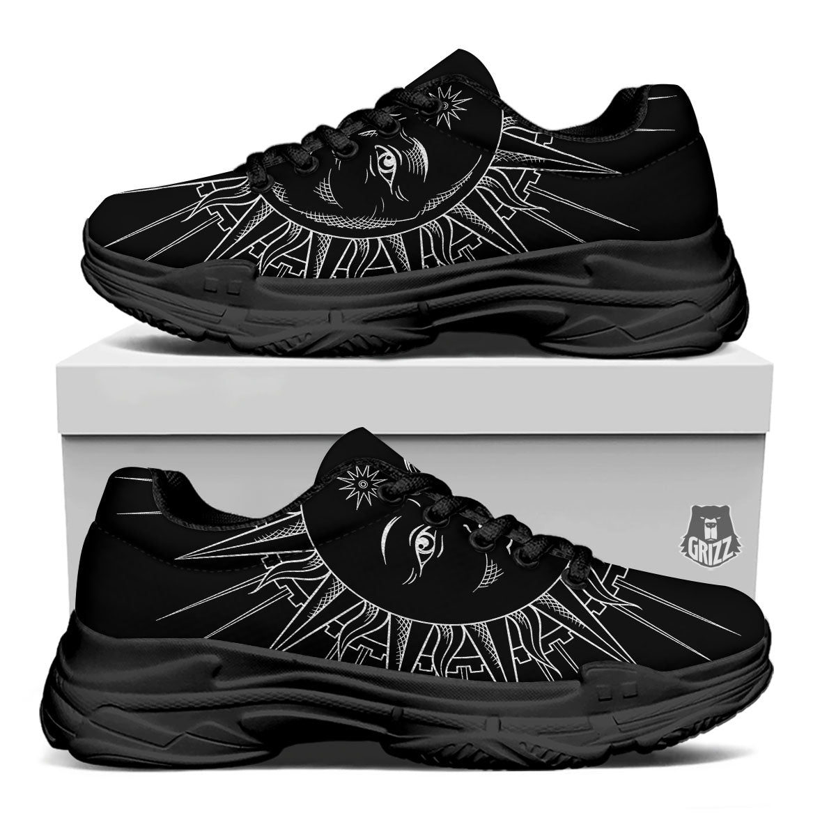 Celestial Sun White And Black Print Black Chunky Shoes-grizzshop