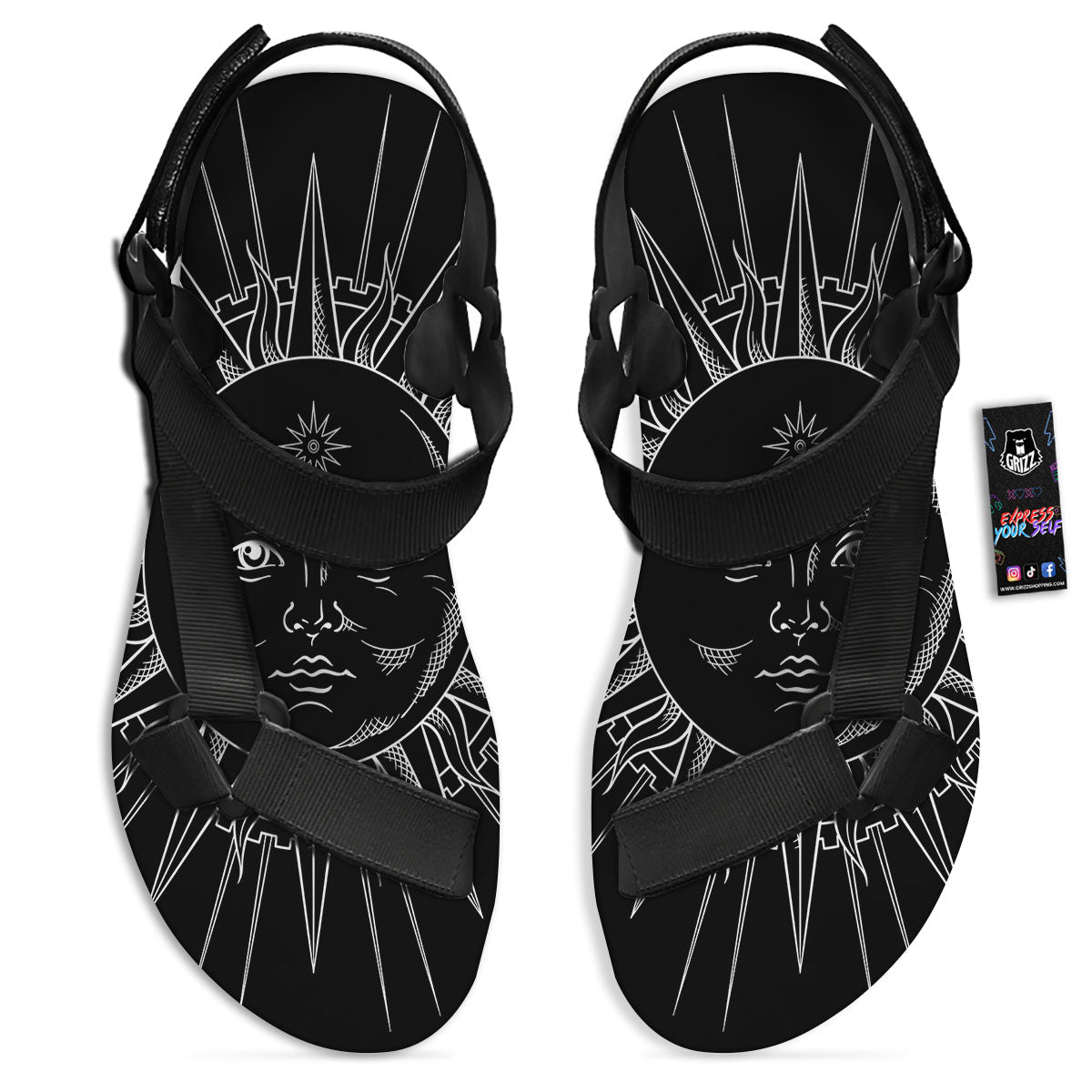 Celestial Sun White And Black Print Black Open Toe Sandals-grizzshop
