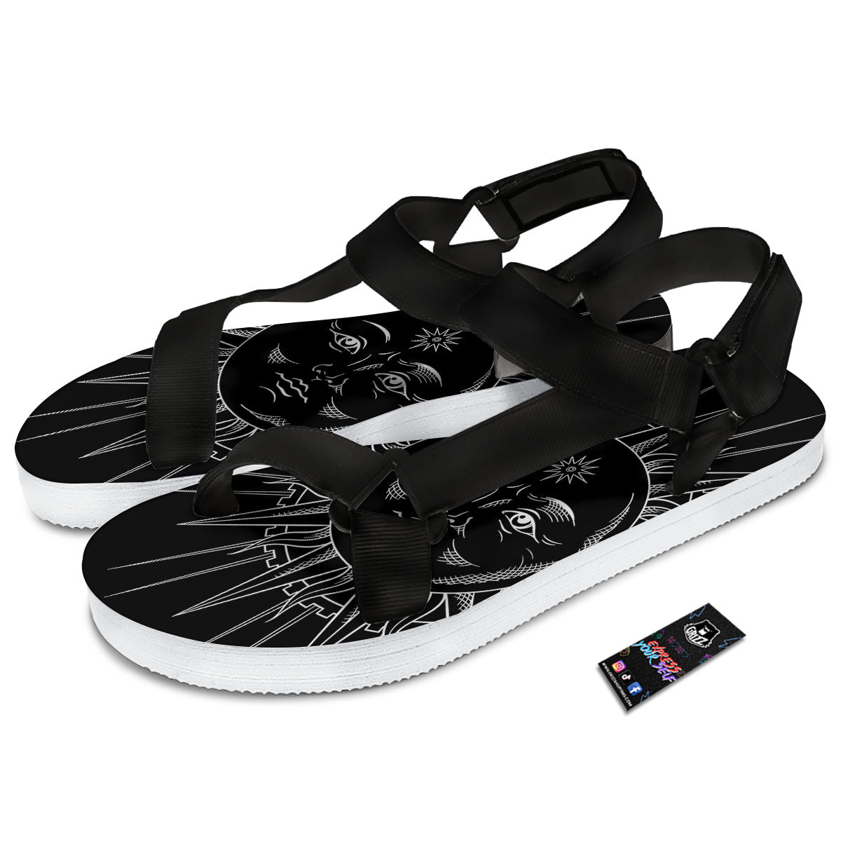 Celestial Sun White And Black Print Black Open Toe Sandals-grizzshop