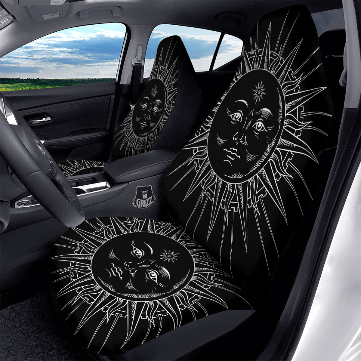 Celestial Sun White And Black Print Car Seat Covers-grizzshop