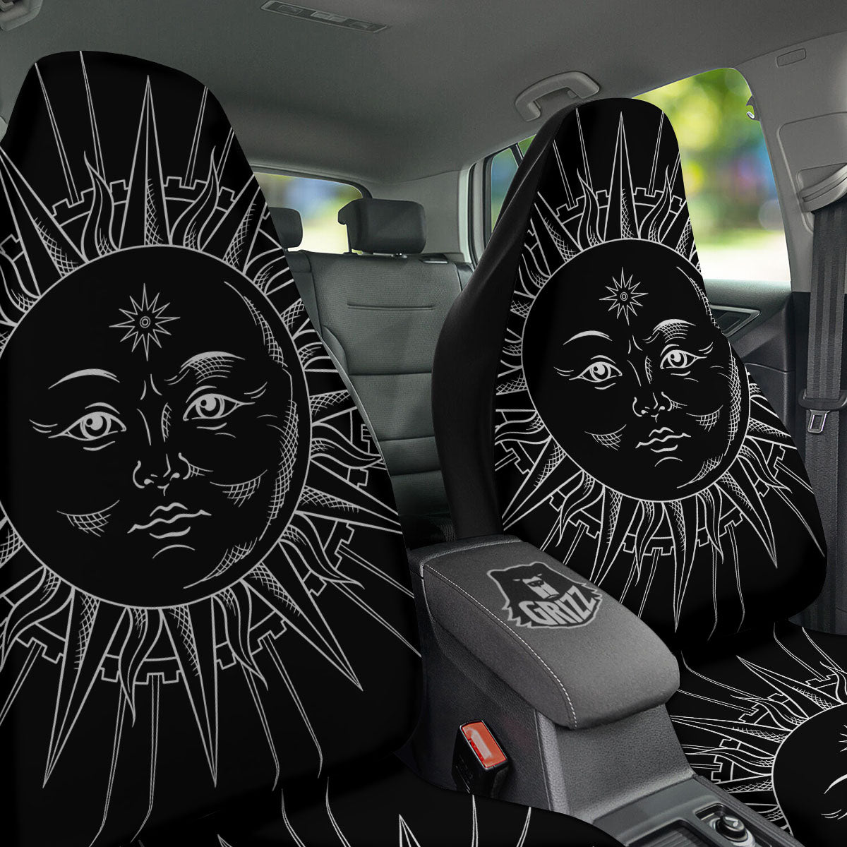 Celestial Sun White And Black Print Car Seat Covers-grizzshop