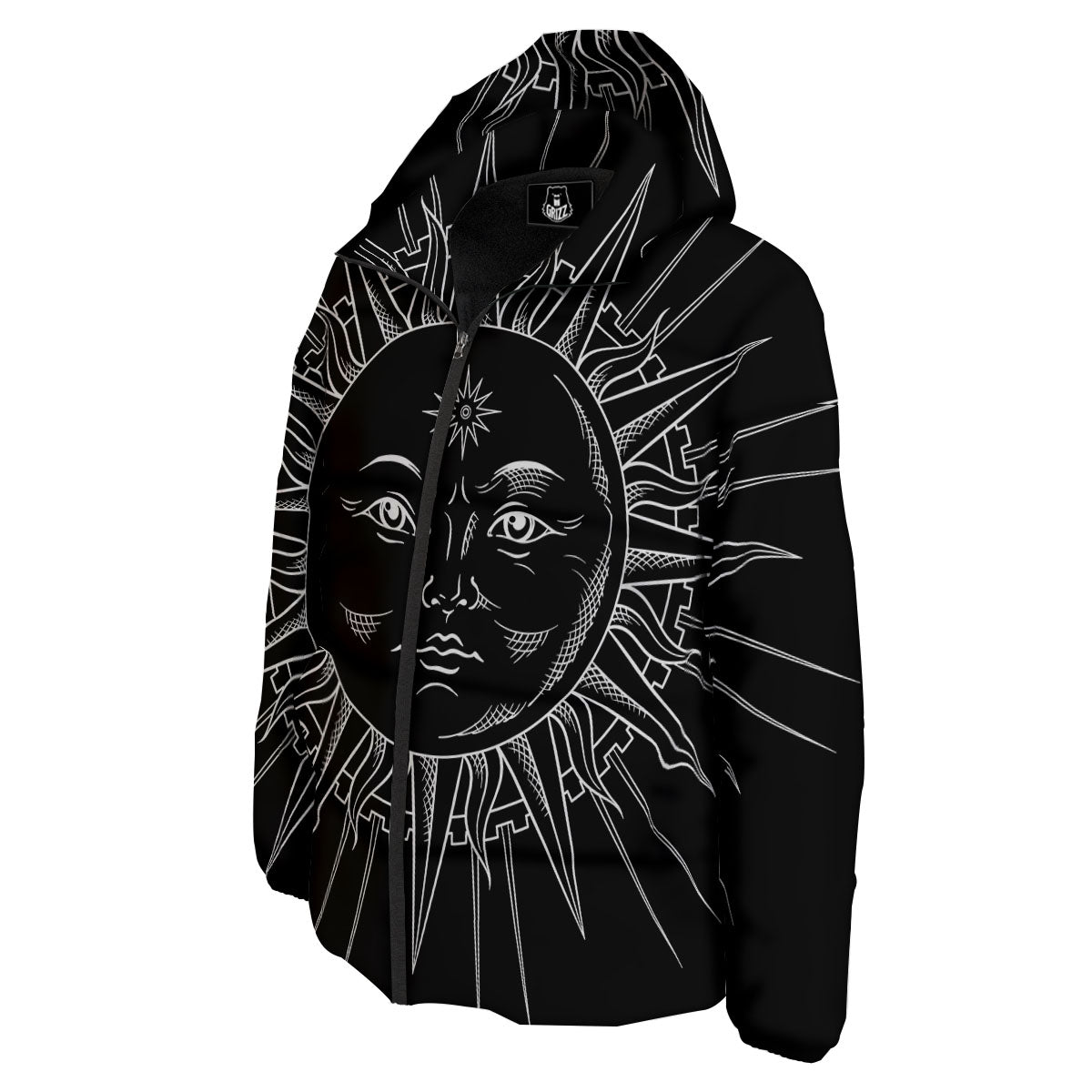 Celestial Sun White And Black Print Down Jacket-grizzshop