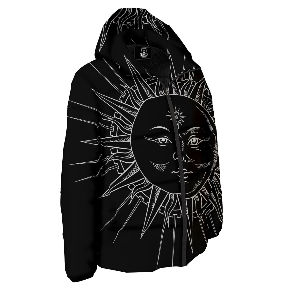 Celestial Sun White And Black Print Down Jacket-grizzshop