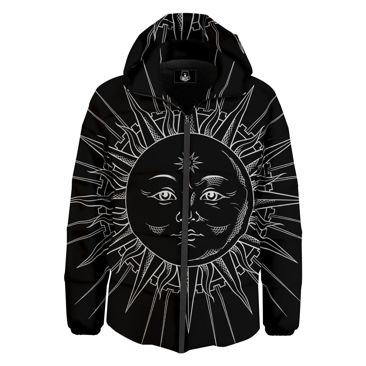 Celestial Sun White And Black Print Down Jacket-grizzshop