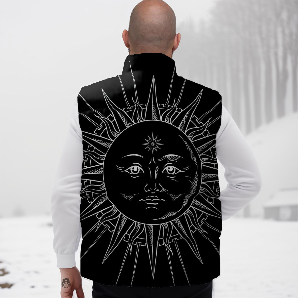 Celestial Sun White And Black Print Down Vest