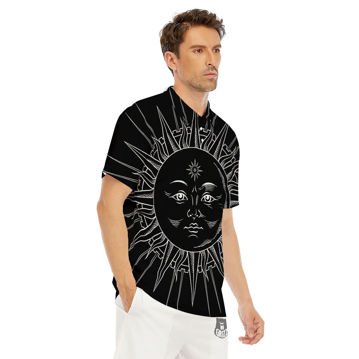 Celestial Sun White And Black Print Men's Golf Shirts-grizzshop