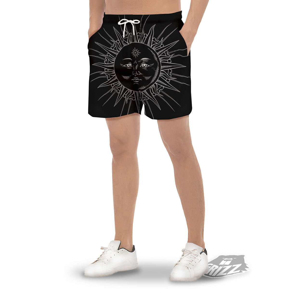 Celestial Sun White And Black Print Men's Gym Shorts-grizzshop