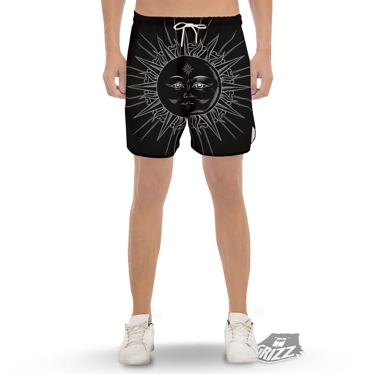 Celestial Sun White And Black Print Men's Gym Shorts-grizzshop