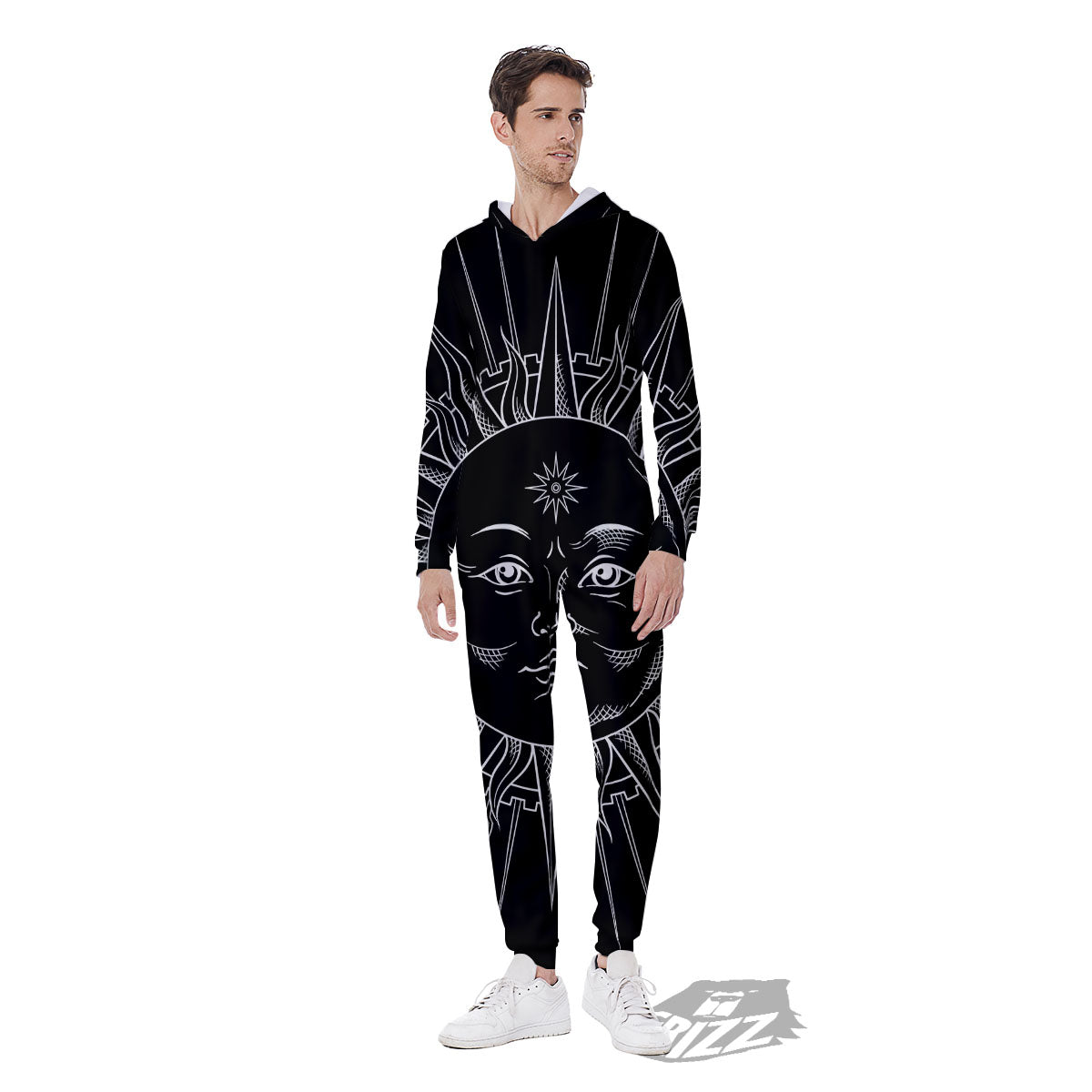 Celestial Sun White And Black Print Men's Jumpsuit-grizzshop