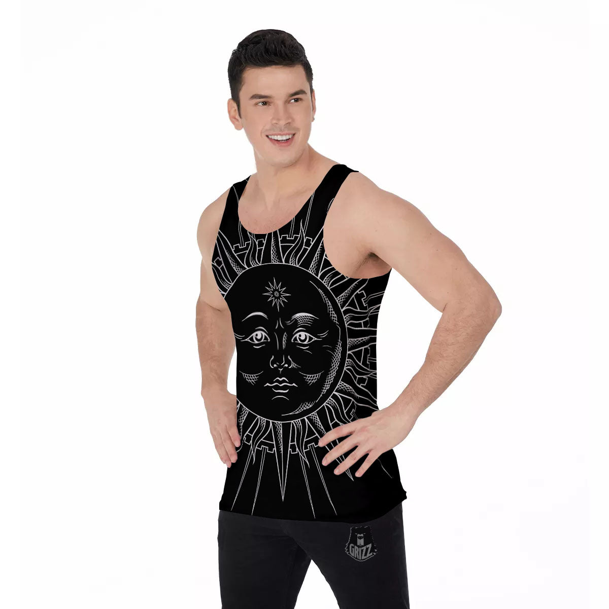 Celestial Sun White And Black Print Men's Tank Top-grizzshop