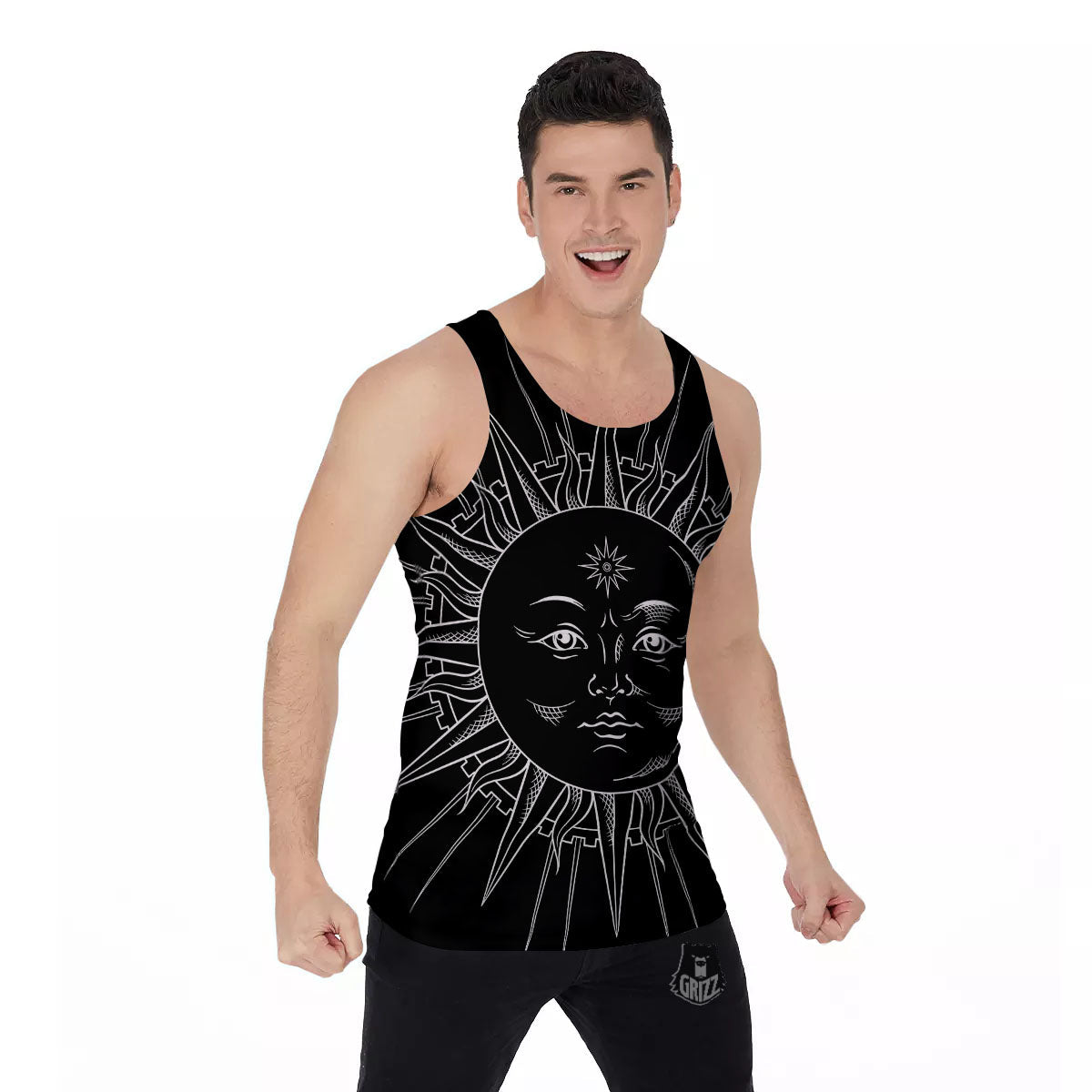 Celestial Sun White And Black Print Men's Tank Top-grizzshop