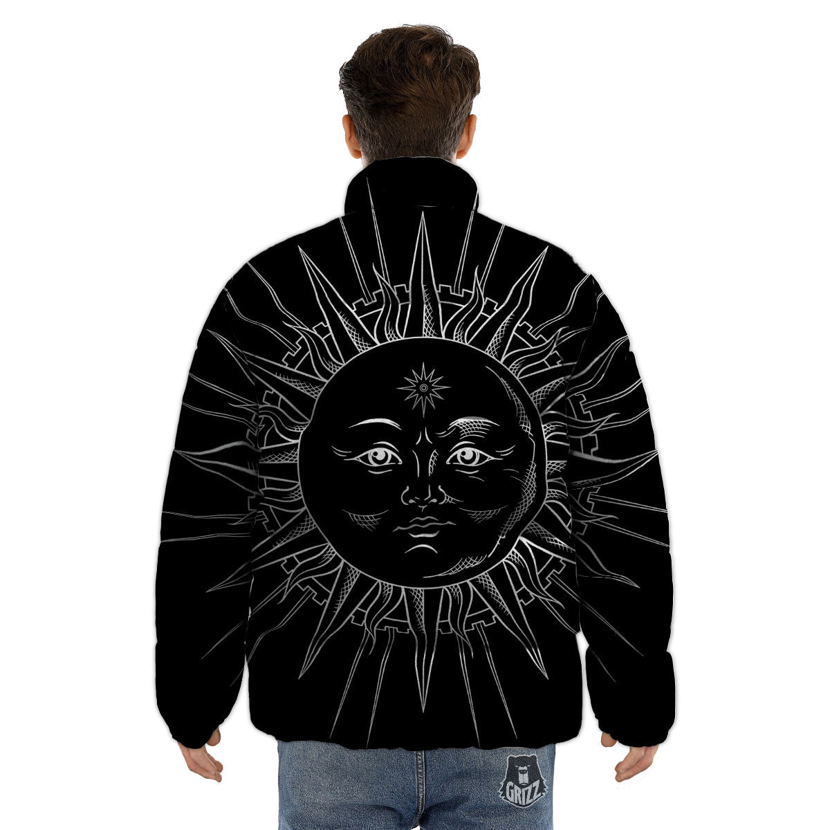 Celestial Sun White And Black Print Puffer Jacket-grizzshop
