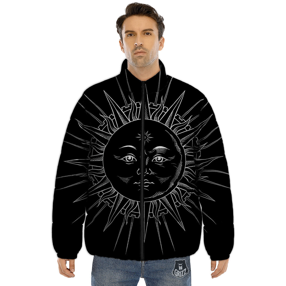 Celestial Sun White And Black Print Puffer Jacket-grizzshop