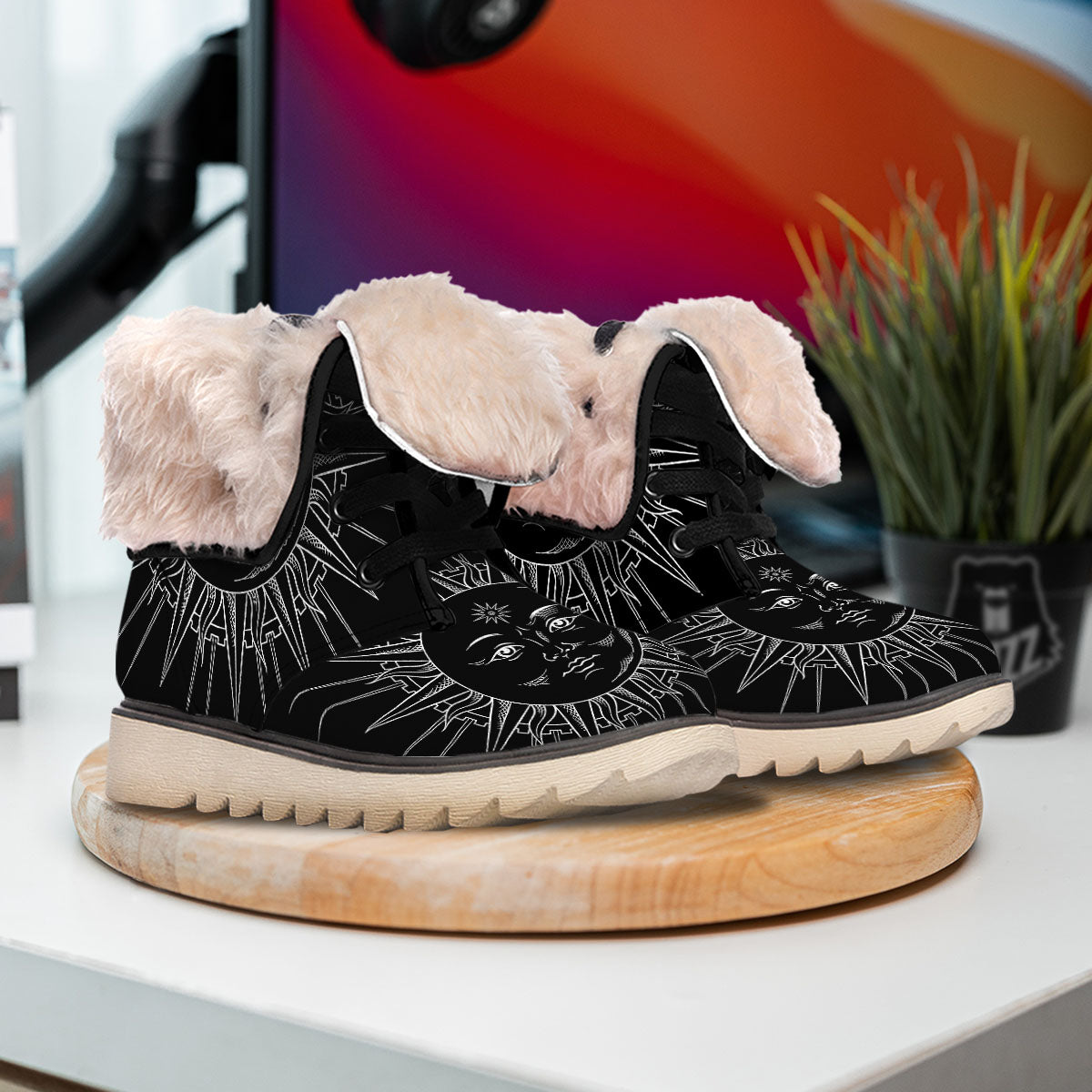 Celestial Sun White And Black Print Snow Boots-grizzshop