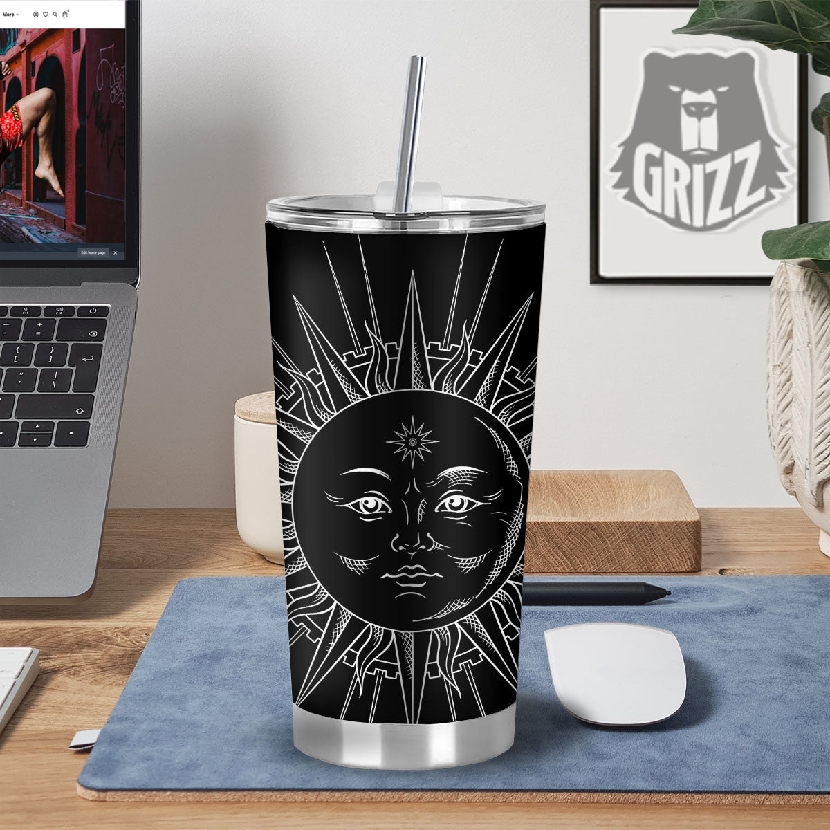 Celestial Sun White And Black Print Tumbler-grizzshop