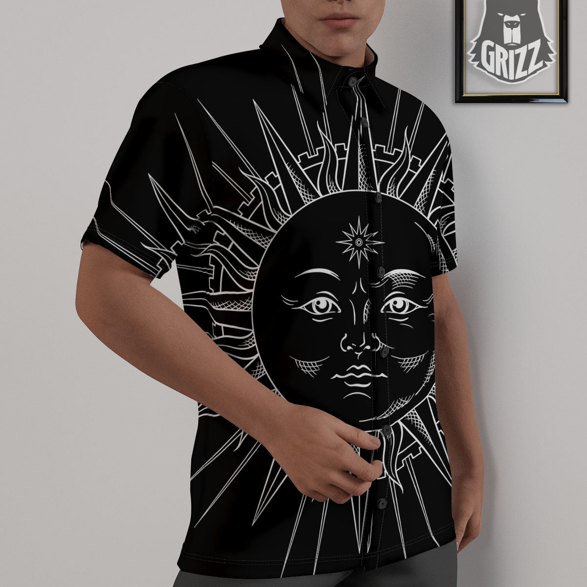 Celestial Sun White And Black Print Untucked Shirts-grizzshop