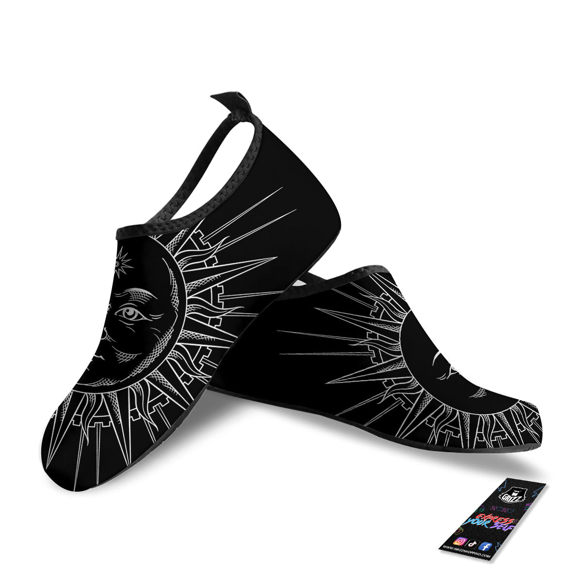 Celestial Sun White And Black Print Water Shoes-grizzshop