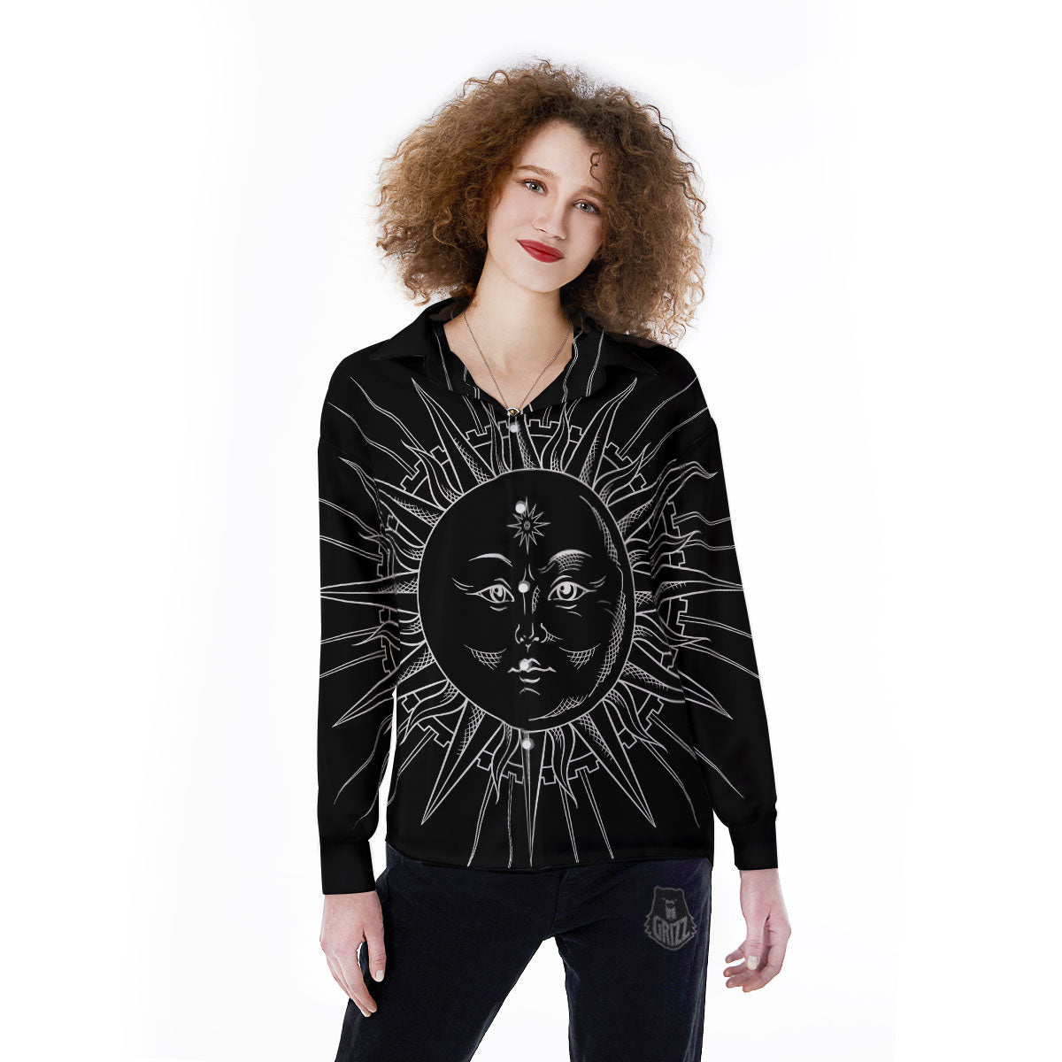 Celestial Sun White And Black Print Women's Long Sleeve Shirts-grizzshop