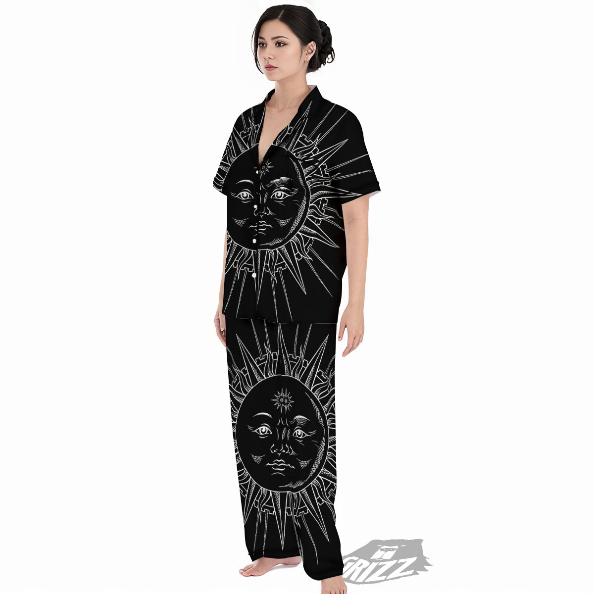 Celestial Sun White And Black Print Women's Pajamas Set-grizzshop