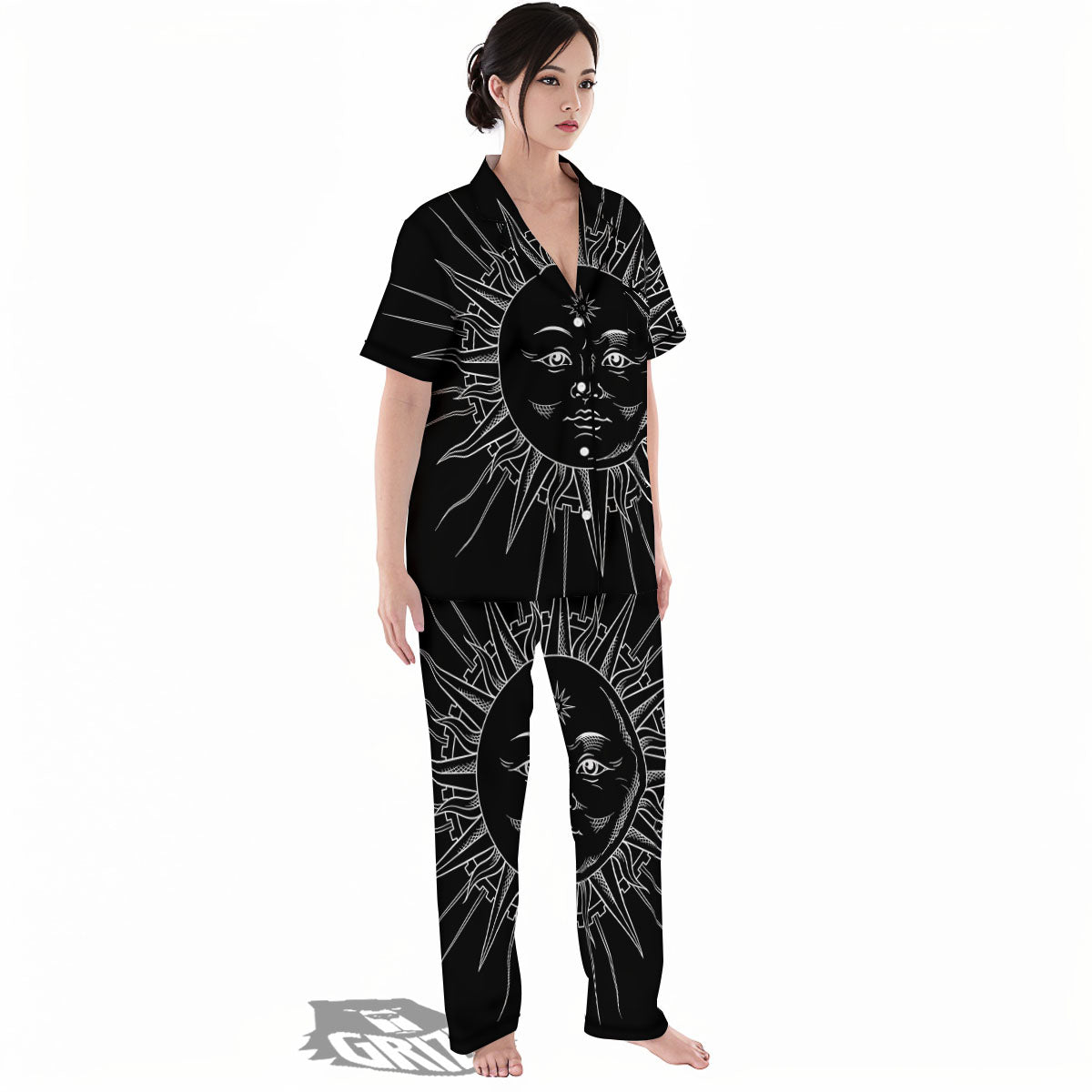 Celestial Sun White And Black Print Women's Pajamas Set-grizzshop