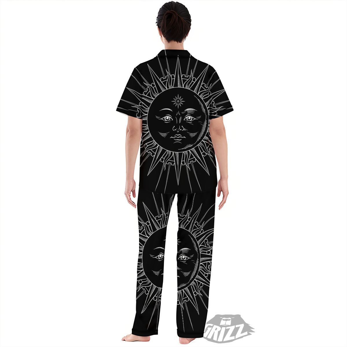 Celestial Sun White And Black Print Women's Pajamas Set-grizzshop