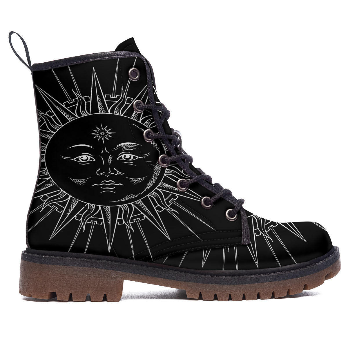 Celestial Sun White And Black Print Work Boots-grizzshop