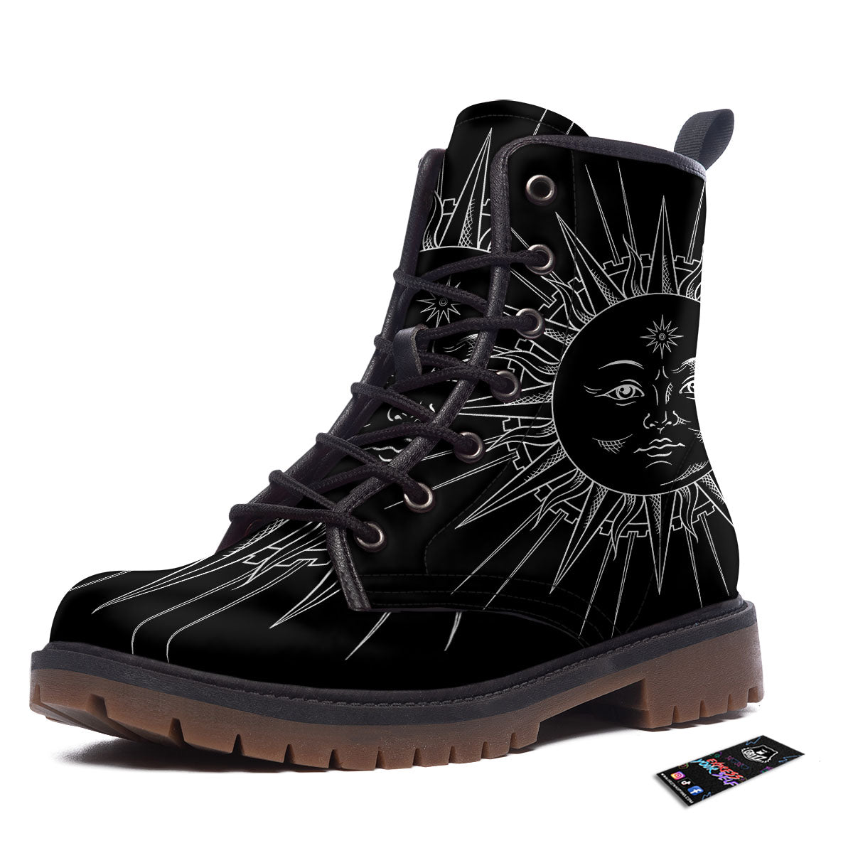 Celestial Sun White And Black Print Work Boots-grizzshop