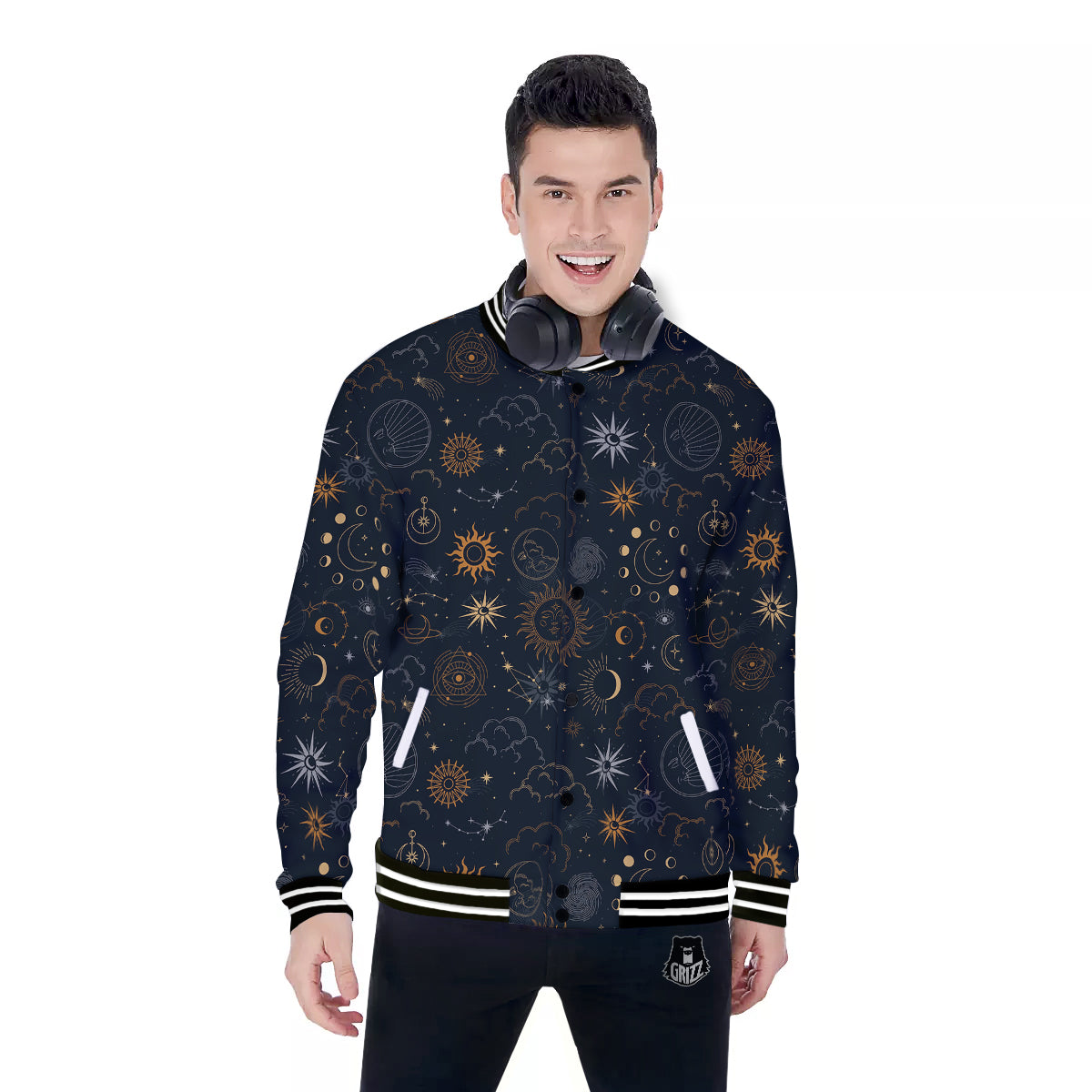 Celestial Vintage Print Pattern Baseball Jacket-grizzshop