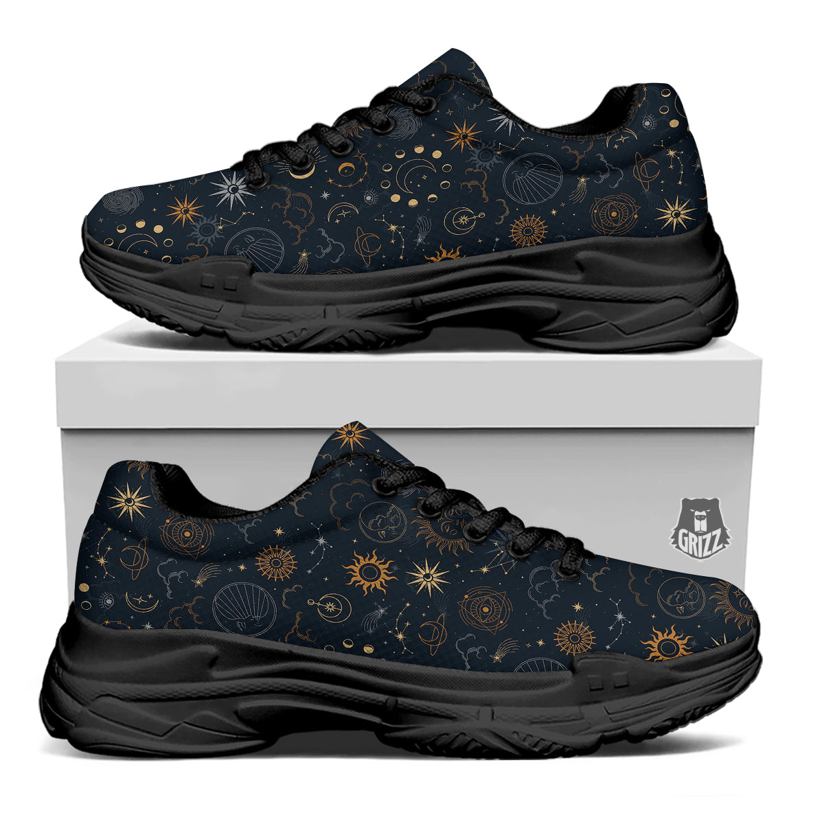 Celestial Vintage Print Pattern Black Chunky Shoes-grizzshop