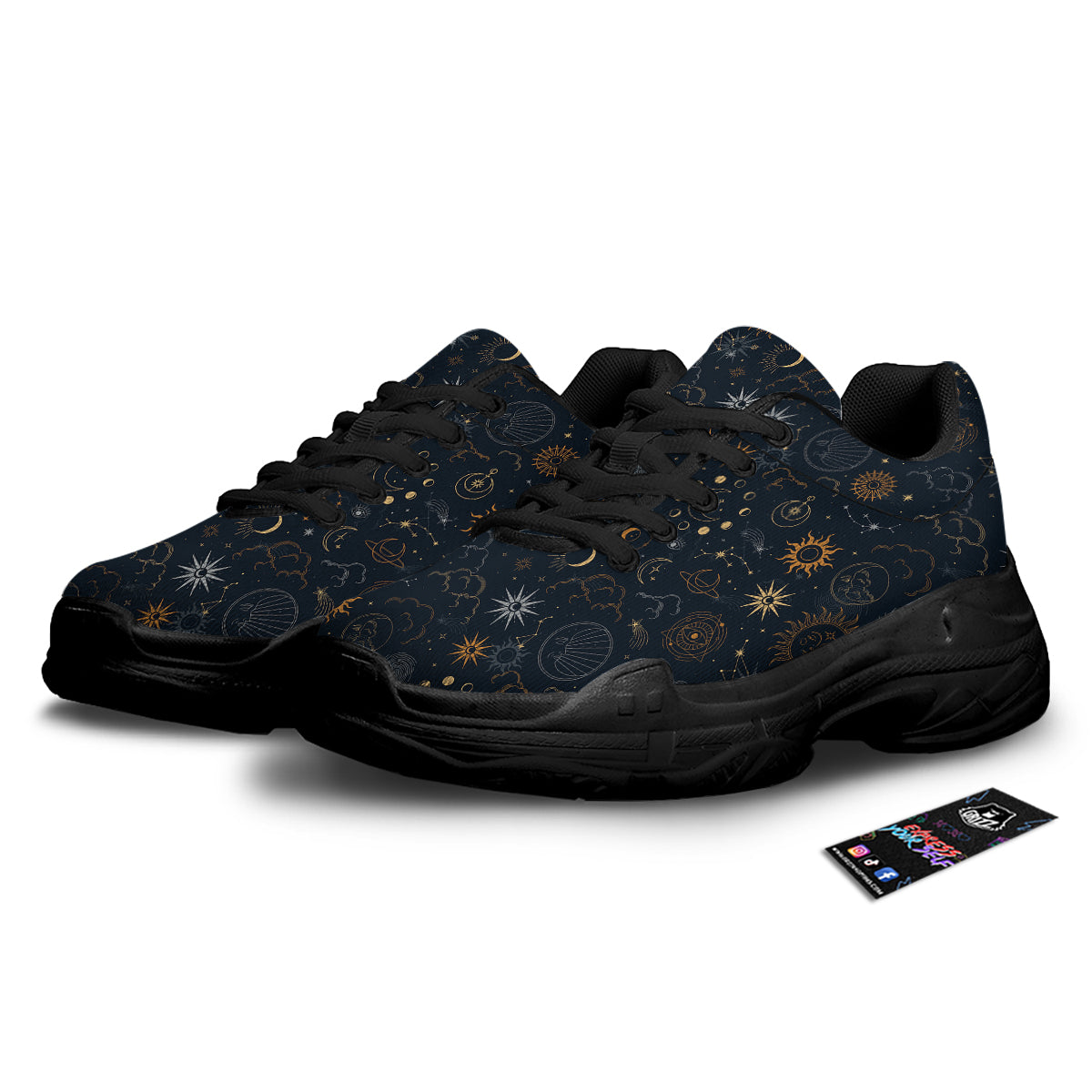 Celestial Vintage Print Pattern Black Chunky Shoes-grizzshop