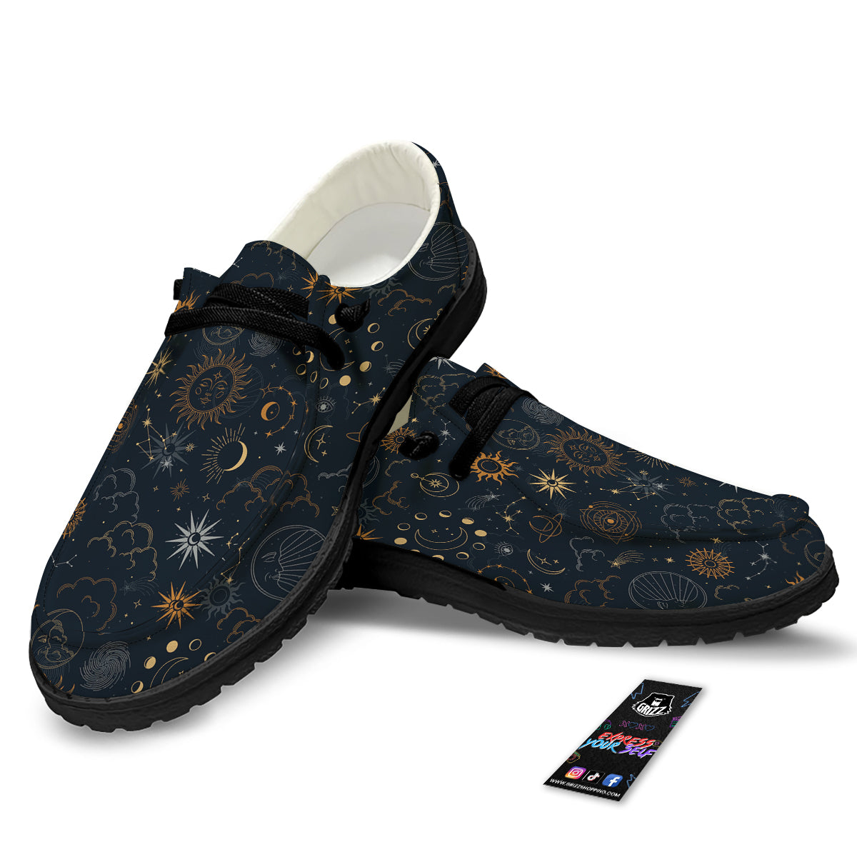 Celestial Vintage Print Pattern Black Loafers-grizzshop
