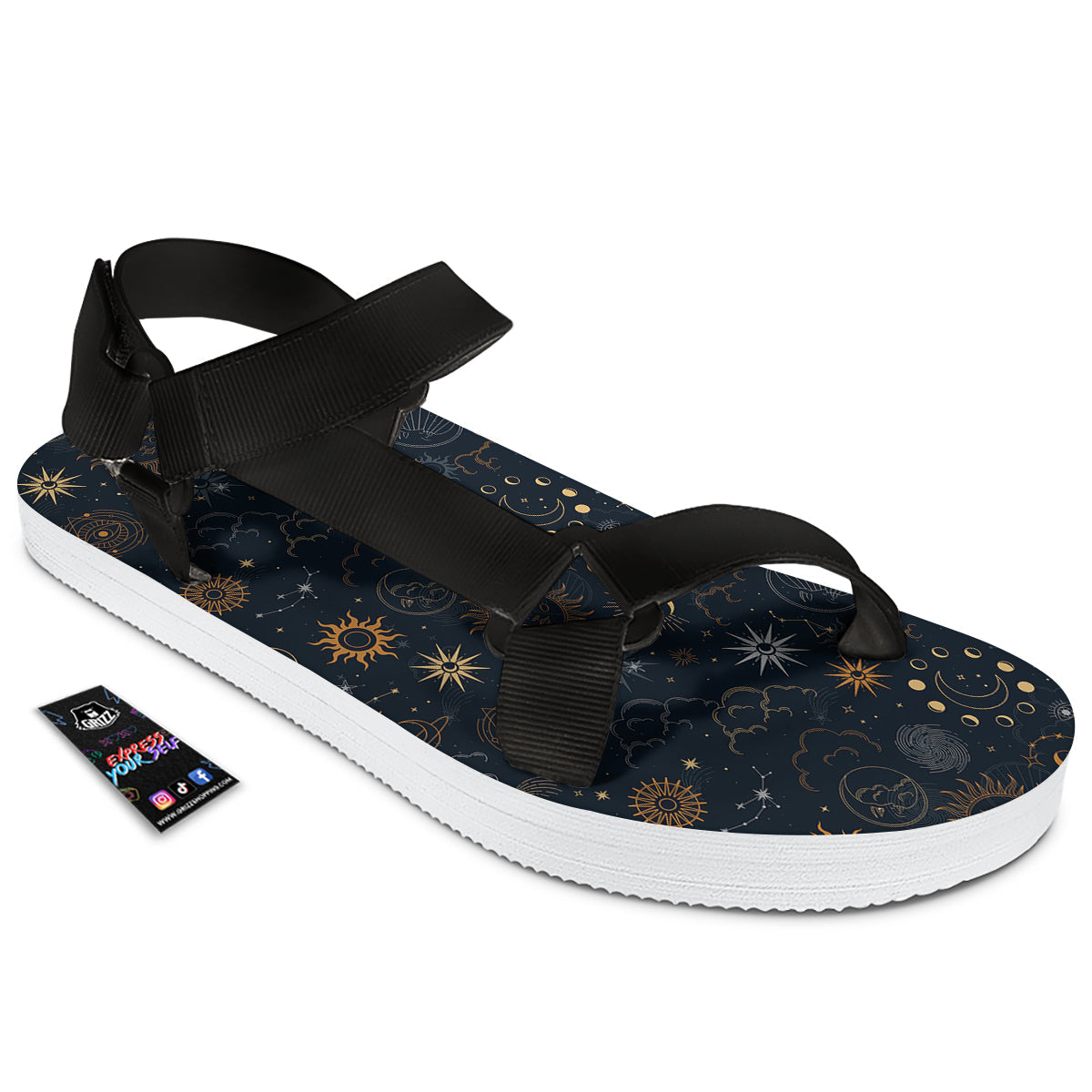 Celestial Vintage Print Pattern Black Open Toe Sandals-grizzshop