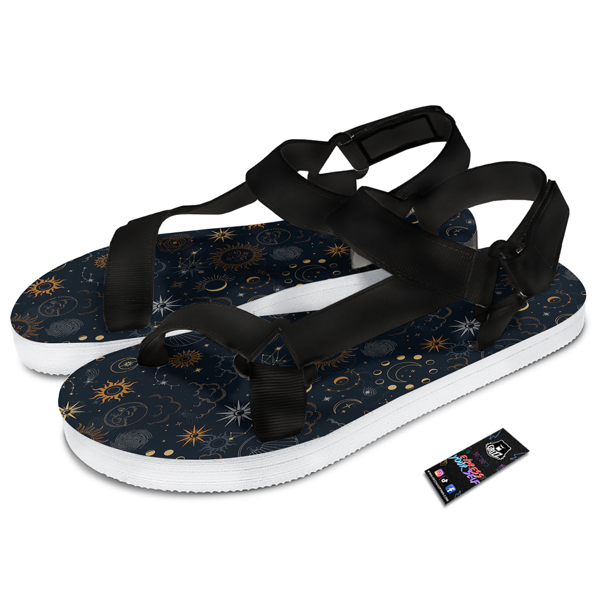 Celestial Vintage Print Pattern Black Open Toe Sandals-grizzshop