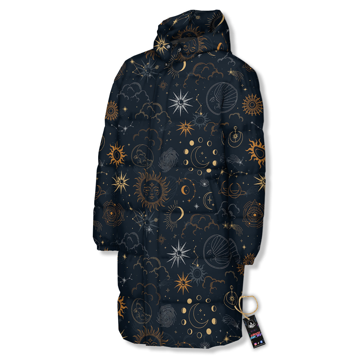 Celestial Vintage Print Pattern Long Down Jacket-grizzshop
