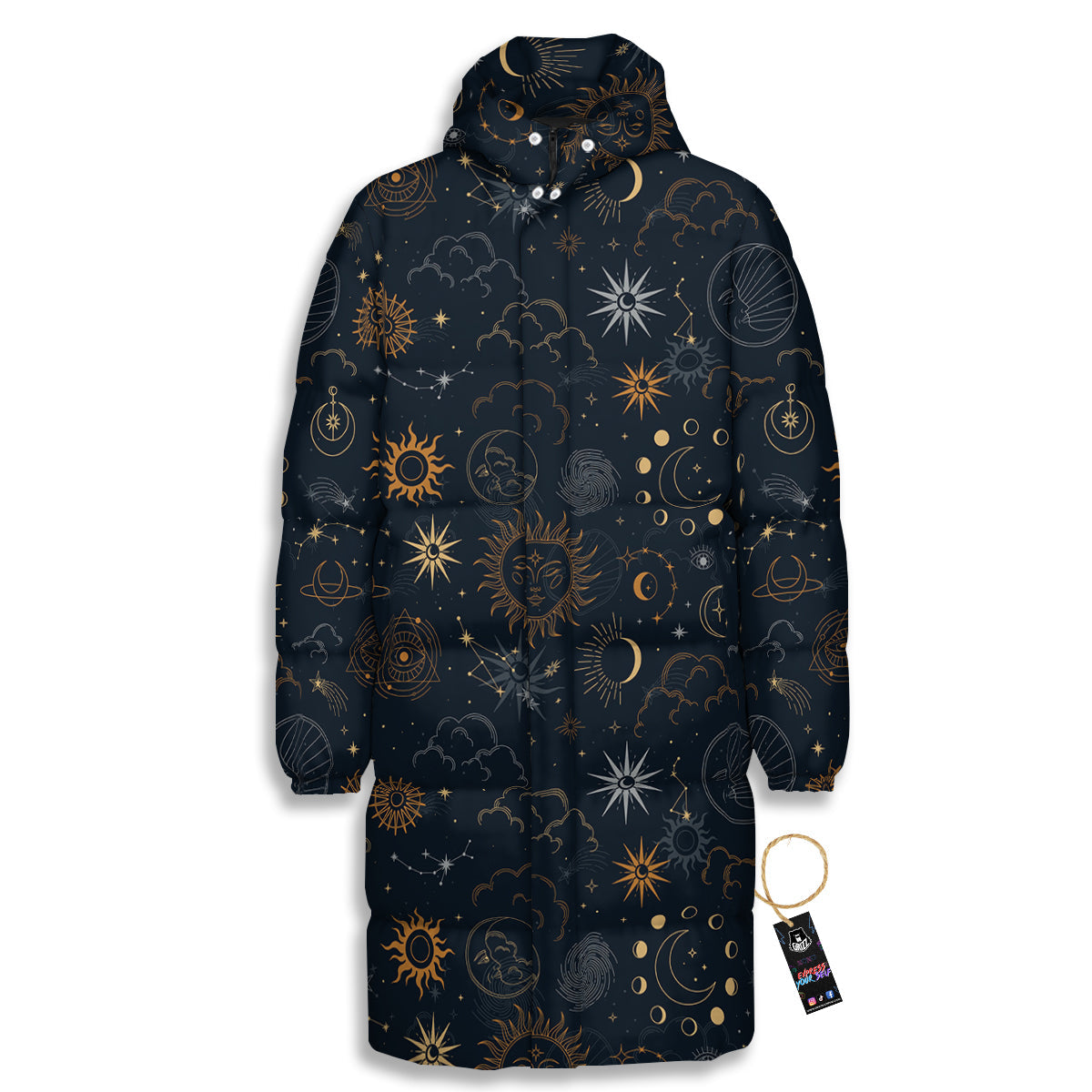 Celestial Vintage Print Pattern Long Down Jacket-grizzshop