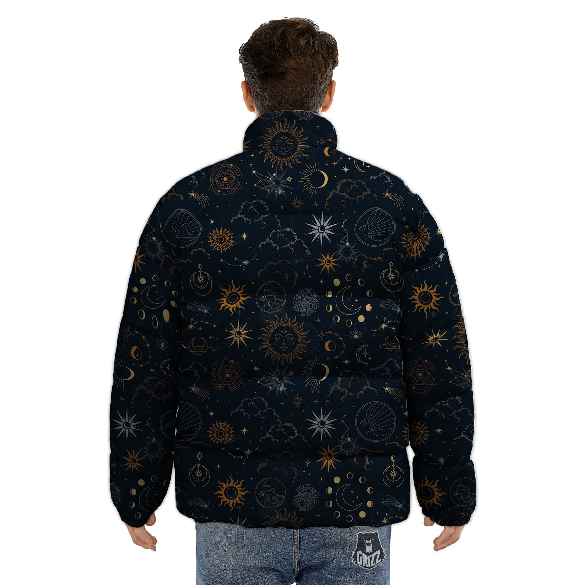 Celestial Vintage Print Pattern Puffer Jacket-grizzshop