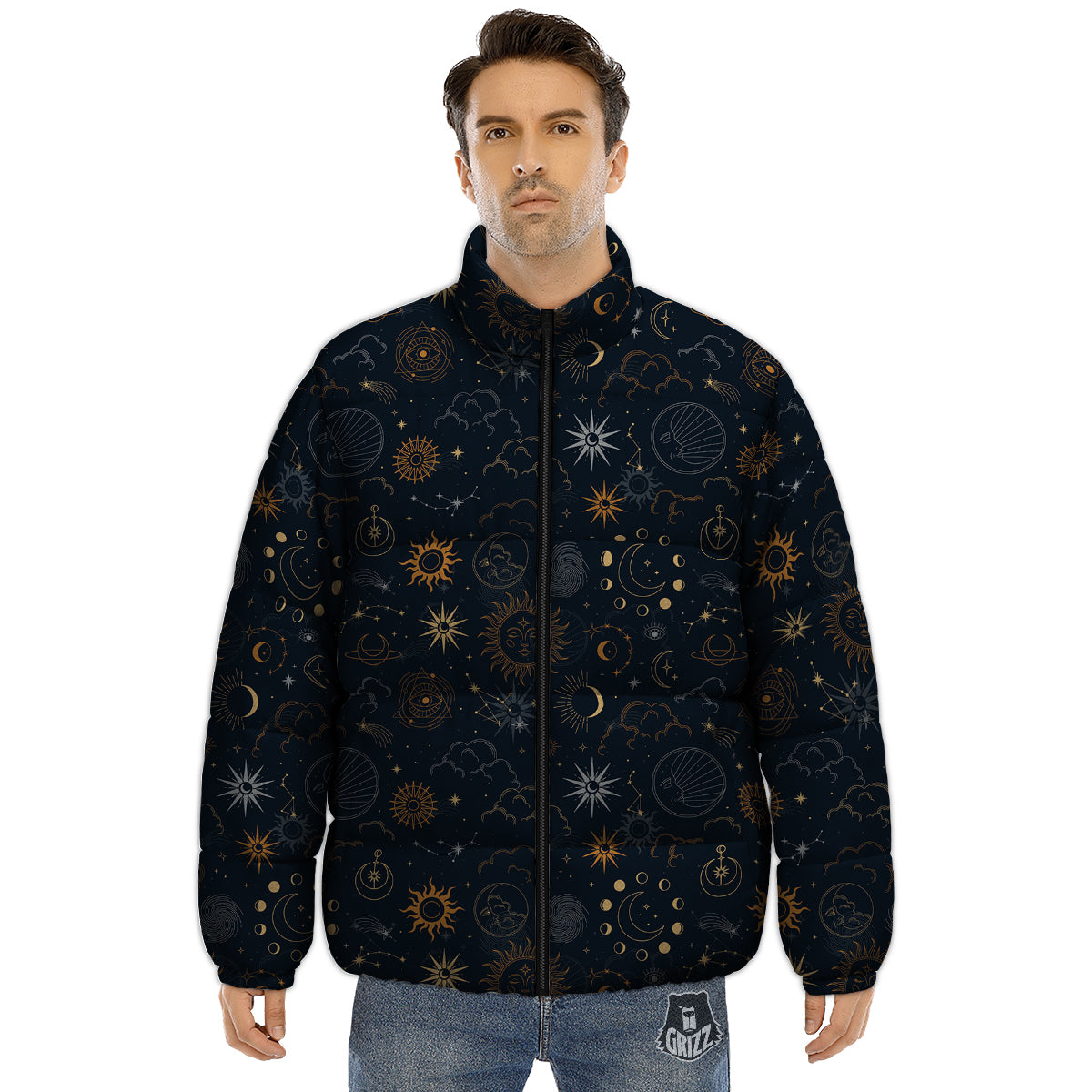 Celestial Vintage Print Pattern Puffer Jacket-grizzshop
