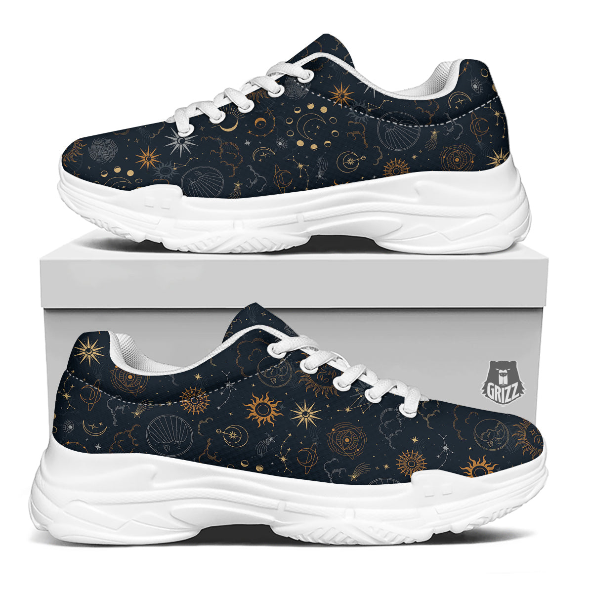 Celestial Vintage Print Pattern White Chunky Shoes-grizzshop