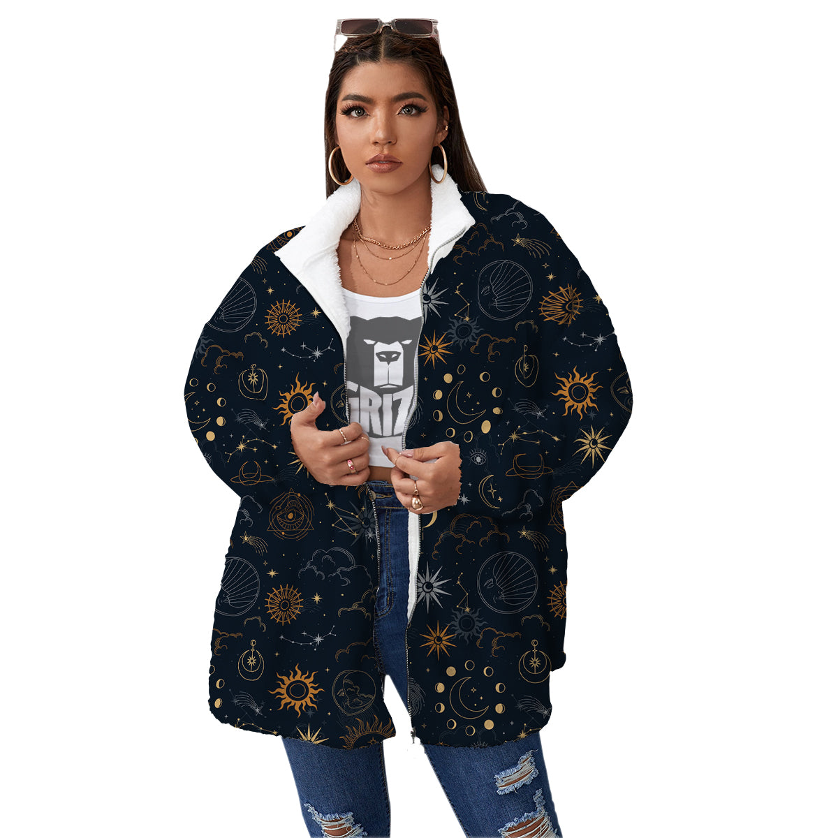 Celestial Vintage Print Pattern Women's Sherpa Jacket-grizzshop