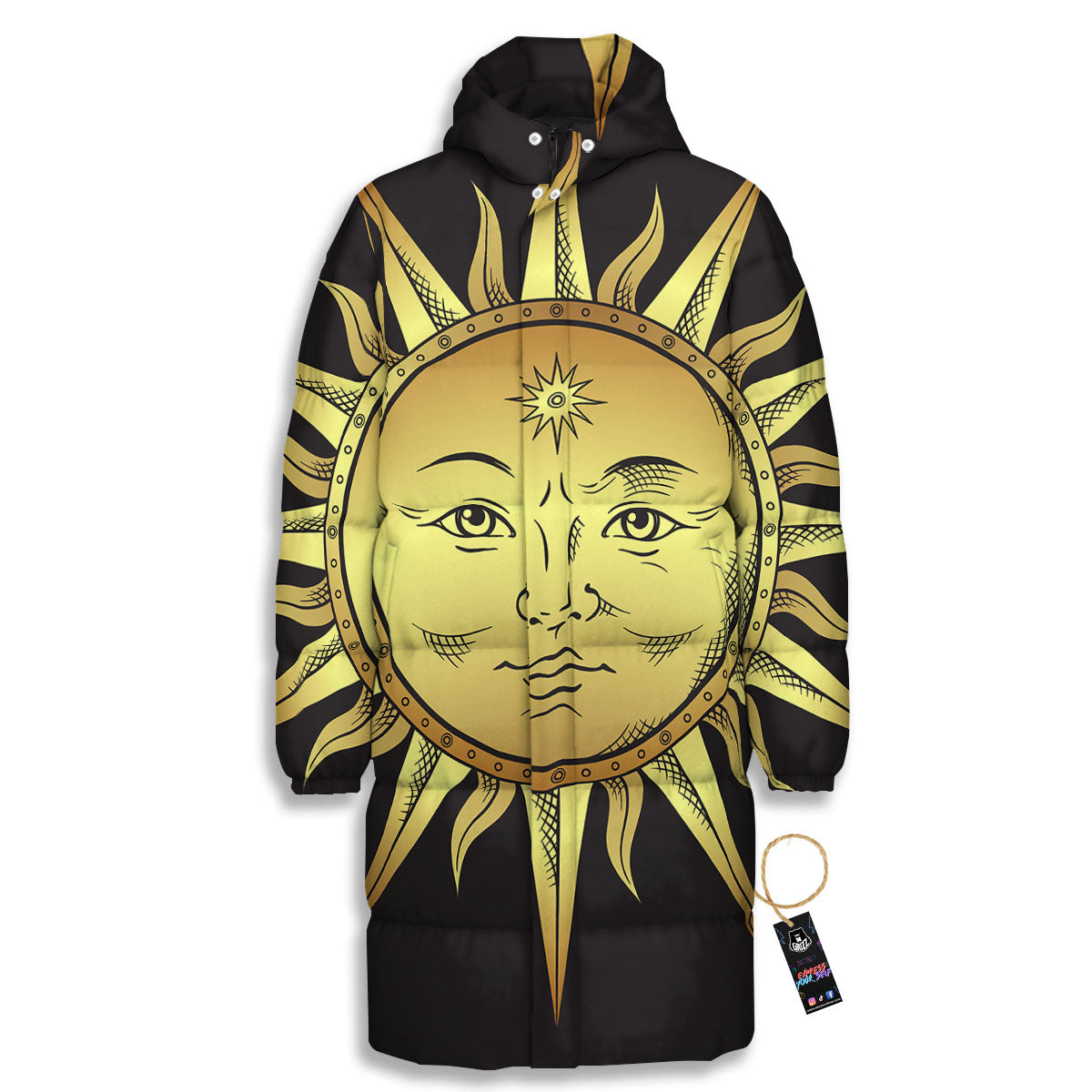 Celestial Sun Gold And Black Print Long Down Jacket