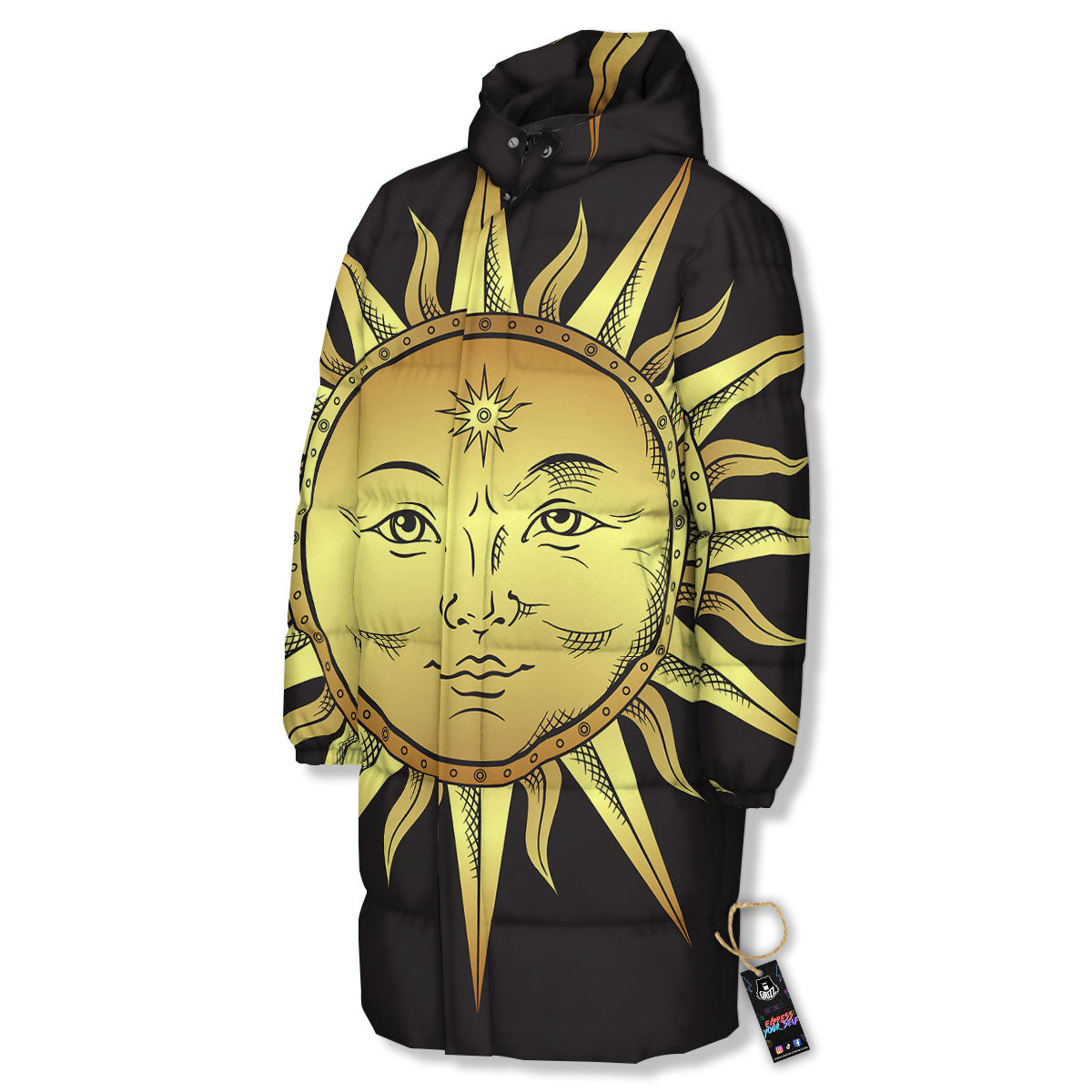 Celestial Sun Gold And Black Print Long Down Jacket